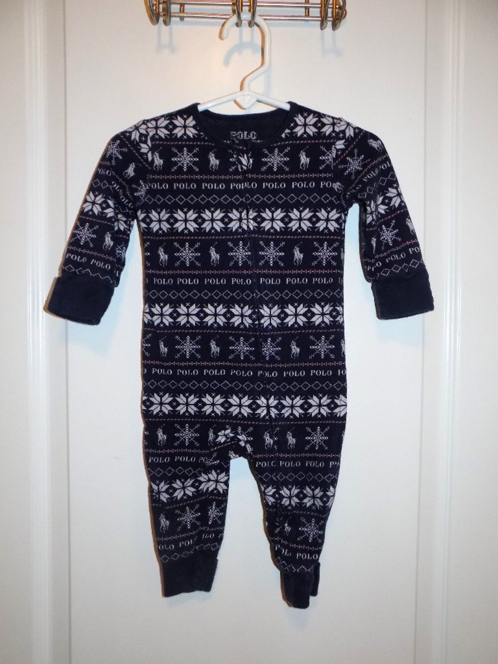POLO Ralph Lauren Blue White Pony Snowflake Sleeper One-Piece Sz 0-6M Nordic